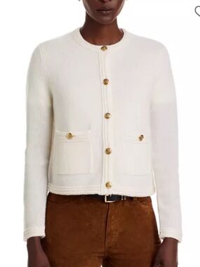 C by Bloomingdale's Cashmere 100% Cashmere Chevron Trim Cardigan Cream Size Sm